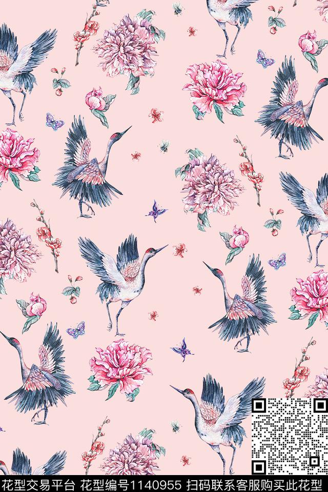 女装手绘花卉仙鹤数码印花华亿平台下载（图片编号: 1140955） - 瓦栏（Walan）