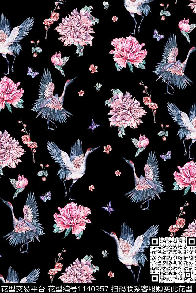 女装手绘花卉仙鹤数码印花华亿平台下载（图片编号: 1140957） - 瓦栏（Walan）