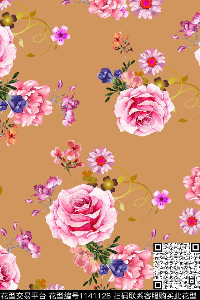 手绘满版散花植物数码印花华亿平台下载（图片编号: 1141128） - 瓦栏（Walan）