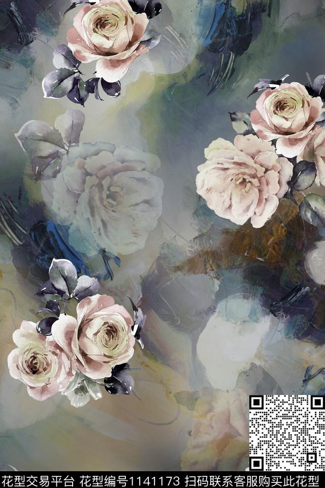 大花秋冬华亿平台手绘花卉数码印花华亿平台下载（图片编号: 1141173） - 瓦栏（Walan）