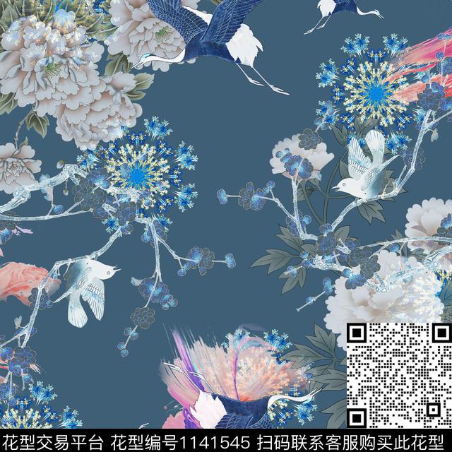笔触花鸟抽象花卉数码印花华亿平台下载（图片编号: 1141545） - 瓦栏（Walan）