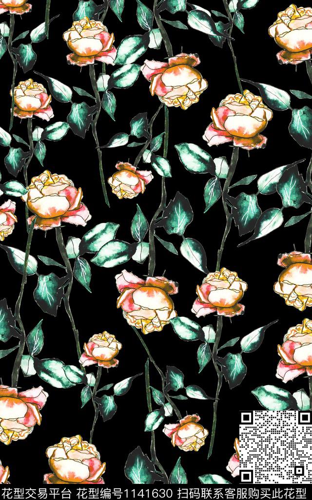 小碎花黑底花卉花卉数码印花华亿平台下载（图片编号: 1141630） - 瓦栏（Walan）