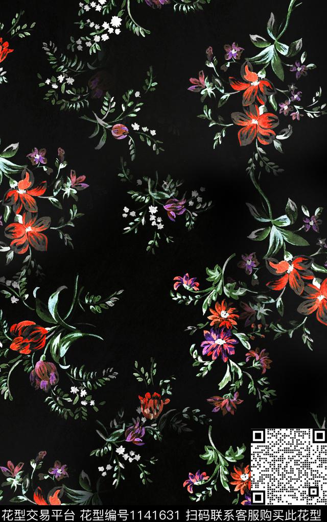 小碎花黑底花卉花卉数码印花华亿平台下载（图片编号: 1141631） - 瓦栏（Walan）