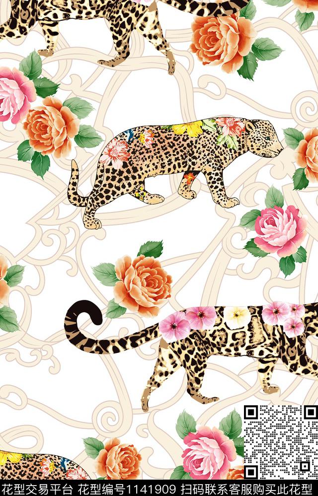 矢量动物纹手绘玫瑰数码印花华亿平台下载（图片编号: 1141909） - 瓦栏（Walan）