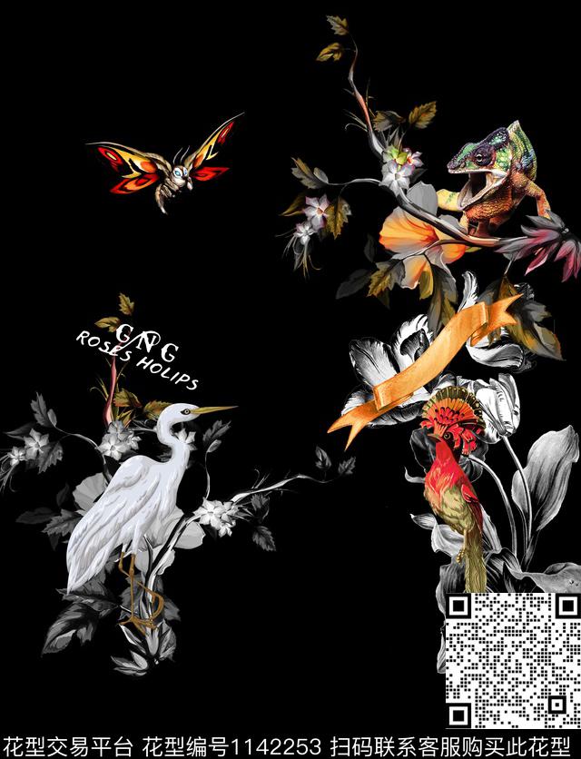 火烈鸟蜥蜴花卉数码印花华亿平台下载（图片编号: 1142253） - 瓦栏（Walan）