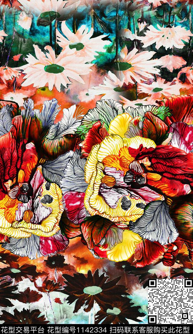 肌理抽象笔触数码印花华亿平台下载（图片编号: 1142334） - 瓦栏（Walan）