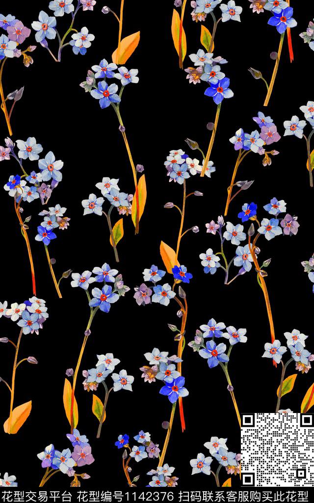 黑底花卉小碎花花卉数码印花华亿平台下载（图片编号: 1142376） - 瓦栏（Walan）