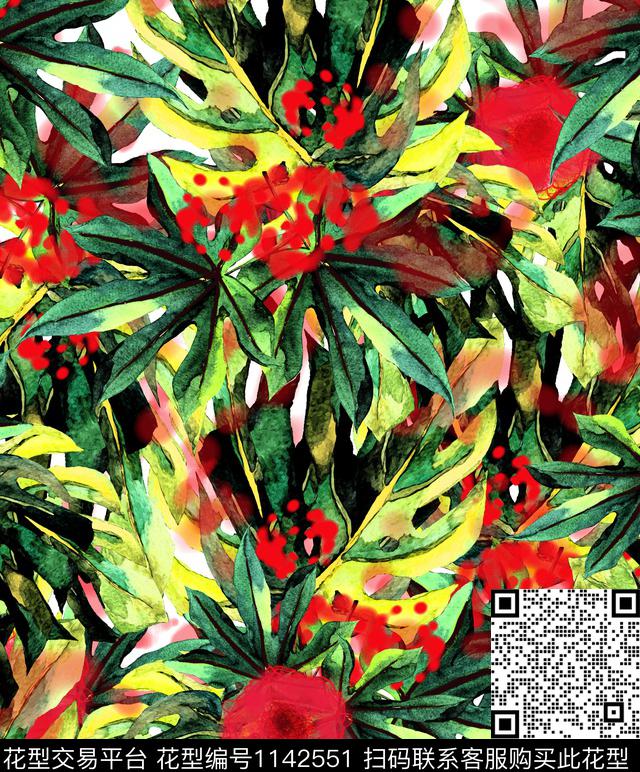 抽象绿植树叶花卉数码印花华亿平台下载（图片编号: 1142551） - 瓦栏（Walan）