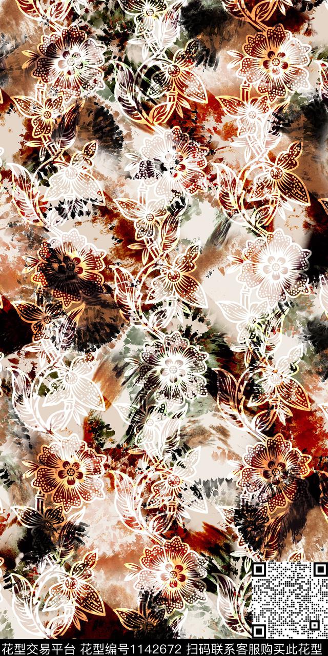 抽象复古大牌风数码印花华亿平台下载（图片编号: 1142672） - 瓦栏（Walan）