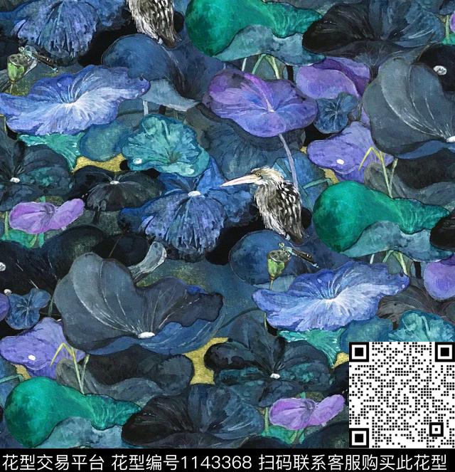 荷花翠鸟中国风数码印花华亿平台下载（图片编号: 1143368） - 瓦栏（Walan）