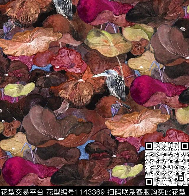 荷花翠鸟中国风数码印花华亿平台下载（图片编号: 1143369） - 瓦栏（Walan）