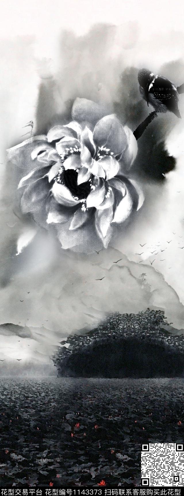 水彩荷花香云纱数码印花华亿平台下载（图片编号: 1143373） - 瓦栏（Walan）