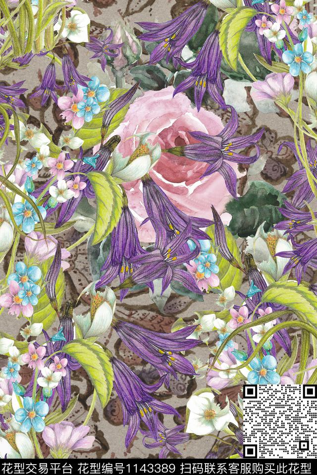 手绘植物花卉数码印花华亿平台下载（图片编号: 1143389） - 瓦栏（Walan）
