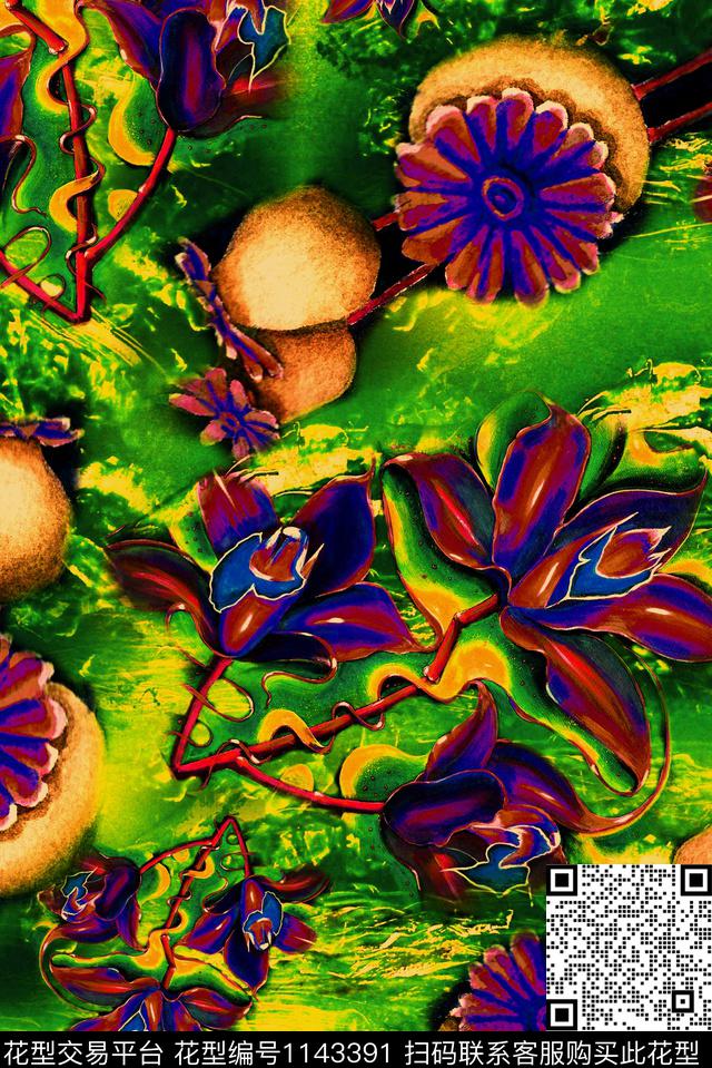 手绘植物花卉数码印花华亿平台下载（图片编号: 1143391） - 瓦栏（Walan）