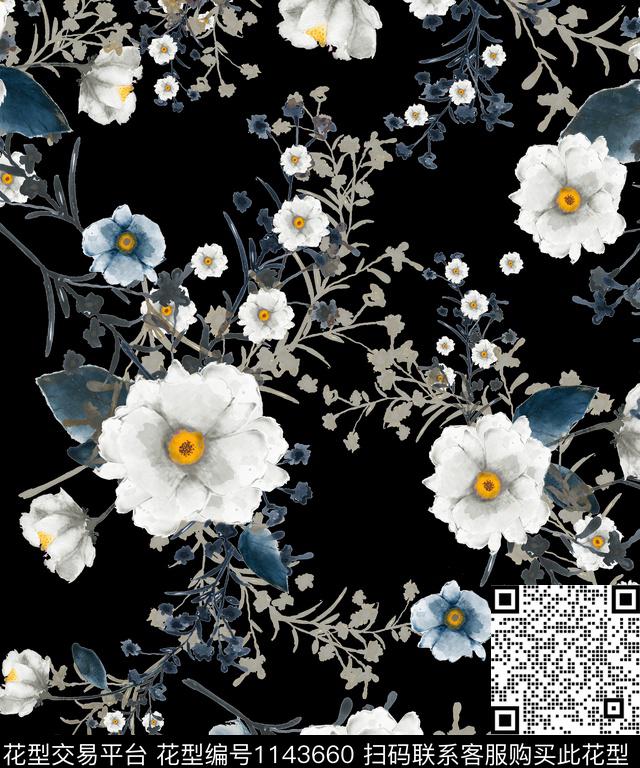 手绘花卉复古春夏华亿平台传统印花华亿平台下载（图片编号: 1143660） - 瓦栏（Walan）