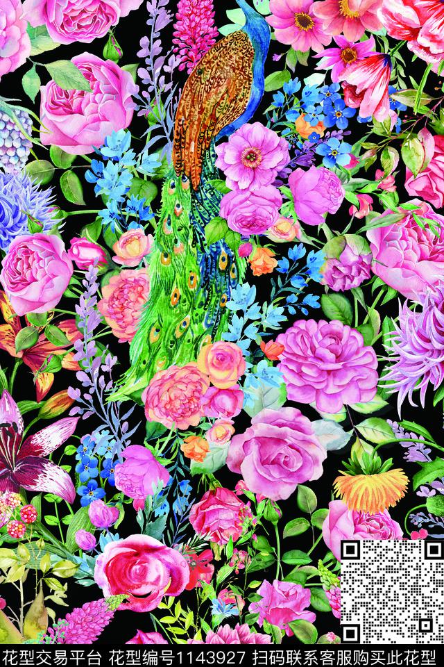 手绘花卉孔雀繁花似锦数码印花华亿平台下载（图片编号: 1143927） - 瓦栏（Walan）