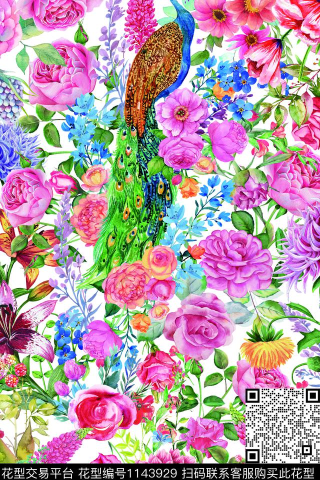 手绘花卉孔雀繁花似锦数码印花华亿平台下载（图片编号: 1143929） - 瓦栏（Walan）