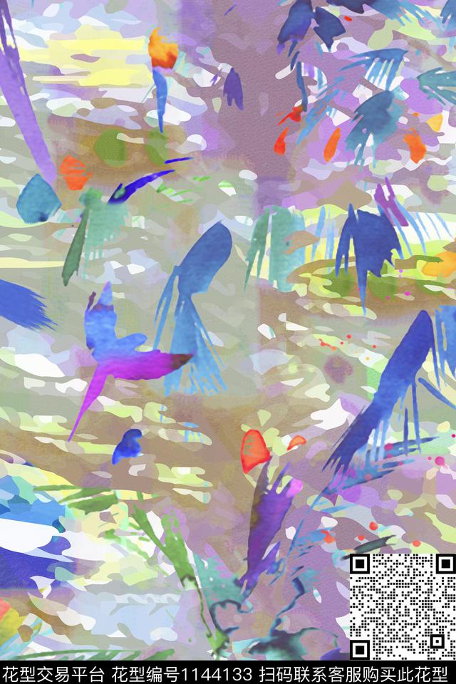 抽象清爽底花卉几何花卉数码印花华亿平台下载（图片编号: 1144133） - 瓦栏（Walan）