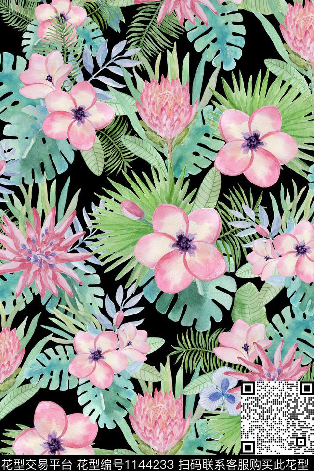 手绘花卉热带华亿平台满版散花数码印花华亿平台下载（图片编号: 1144233） - 瓦栏（Walan）