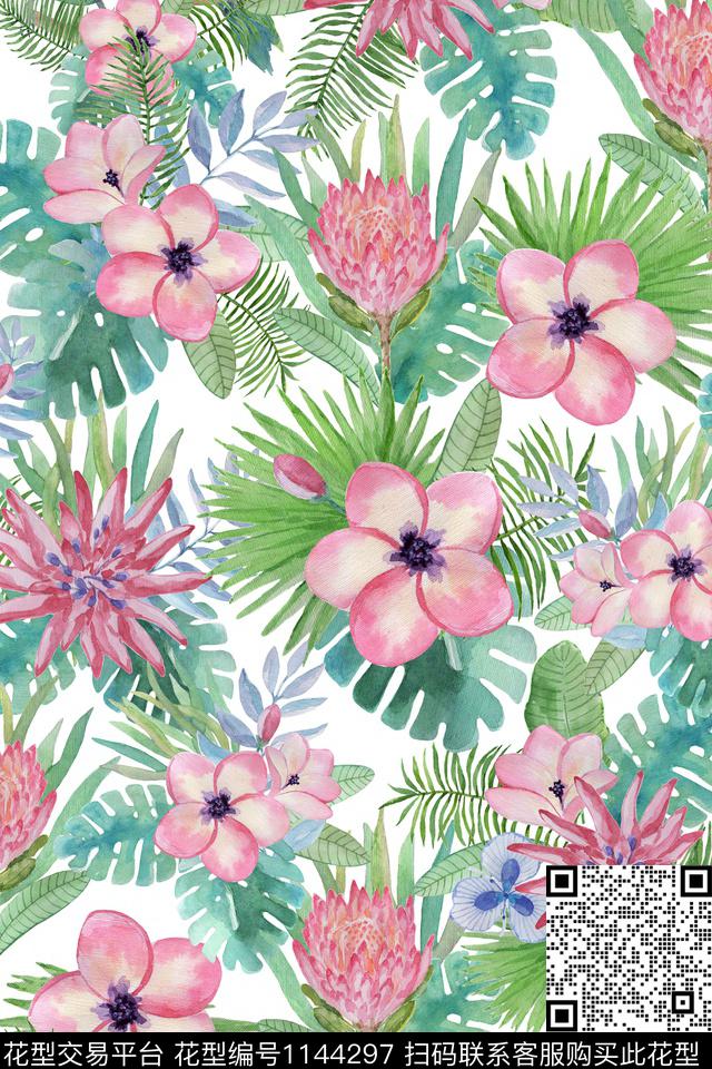 手绘花卉热带华亿平台满版散花数码印花华亿平台下载（图片编号: 1144297） - 瓦栏（Walan）
