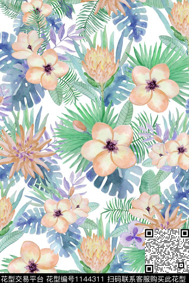 手绘花卉热带华亿平台满版散花数码印花华亿平台下载（图片编号: 1144311） - 瓦栏（Walan）