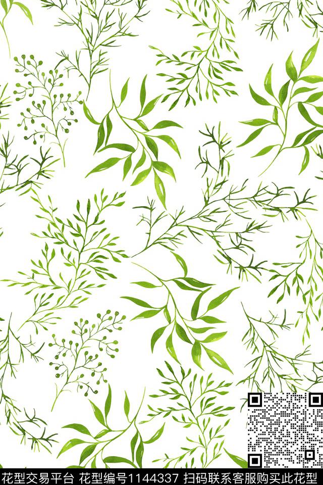手绘绿叶波点优美数码印花华亿平台下载（图片编号: 1144337） - 瓦栏（Walan）