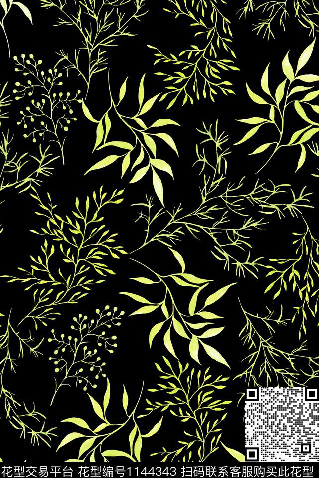 手绘绿叶波点优美数码印花华亿平台下载（图片编号: 1144343） - 瓦栏（Walan）