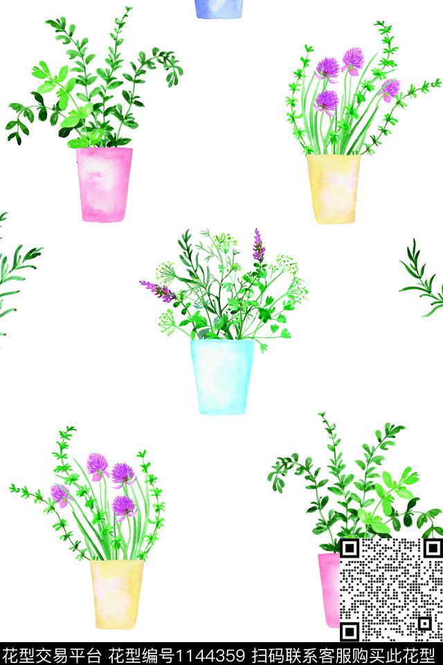 手绘花卉盆景淑女数码印花华亿平台下载（图片编号: 1144359） - 瓦栏（Walan）