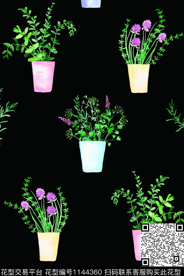 手绘花卉盆景淑女数码印花华亿平台下载（图片编号: 1144360） - 瓦栏（Walan）