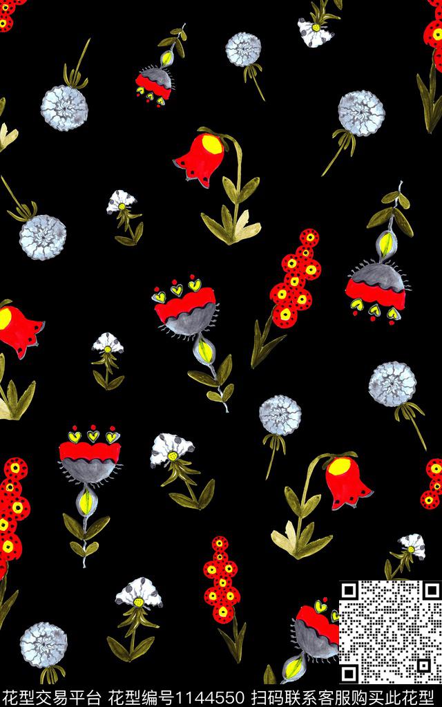 黑底花卉水彩花卉数码印花华亿平台下载（图片编号: 1144550） - 瓦栏（Walan）