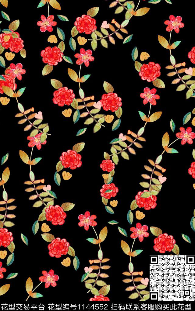 黑底花卉水彩花卉数码印花华亿平台下载（图片编号: 1144552） - 瓦栏（Walan）