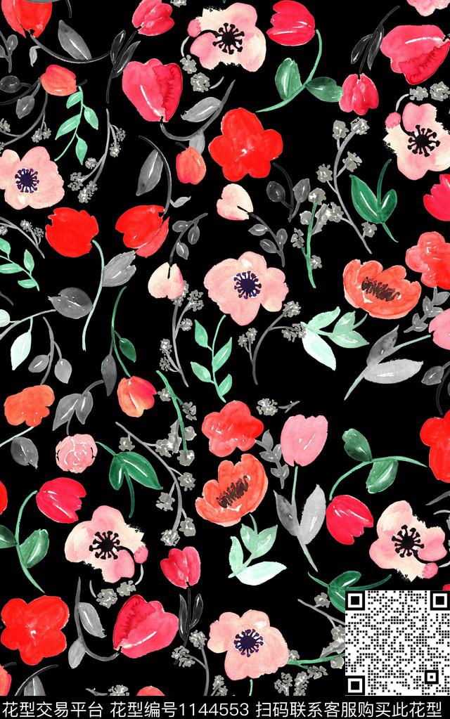 黑底花卉水彩花卉数码印花华亿平台下载（图片编号: 1144553） - 瓦栏（Walan）