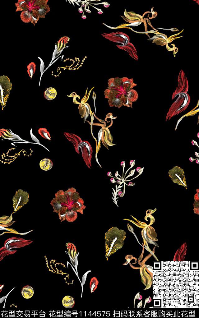黑底花卉水彩花卉数码印花华亿平台下载（图片编号: 1144575） - 瓦栏（Walan）