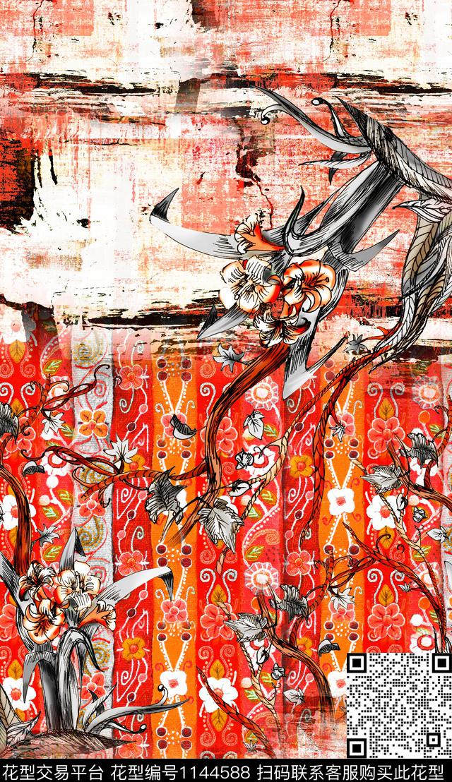 定位花中老年民族风数码印花华亿平台下载（图片编号: 1144588） - 瓦栏（Walan）