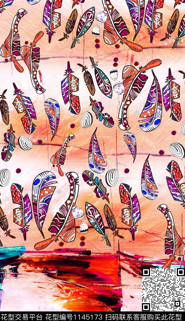 羽毛定位花笔触数码印花华亿平台下载（图片编号: 1145173） - 瓦栏（Walan）