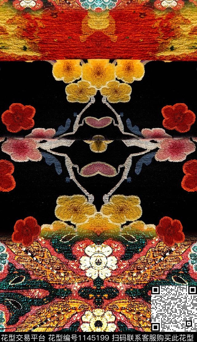 定位花笔触棉麻数码印花华亿平台下载（图片编号: 1145199） - 瓦栏（Walan）