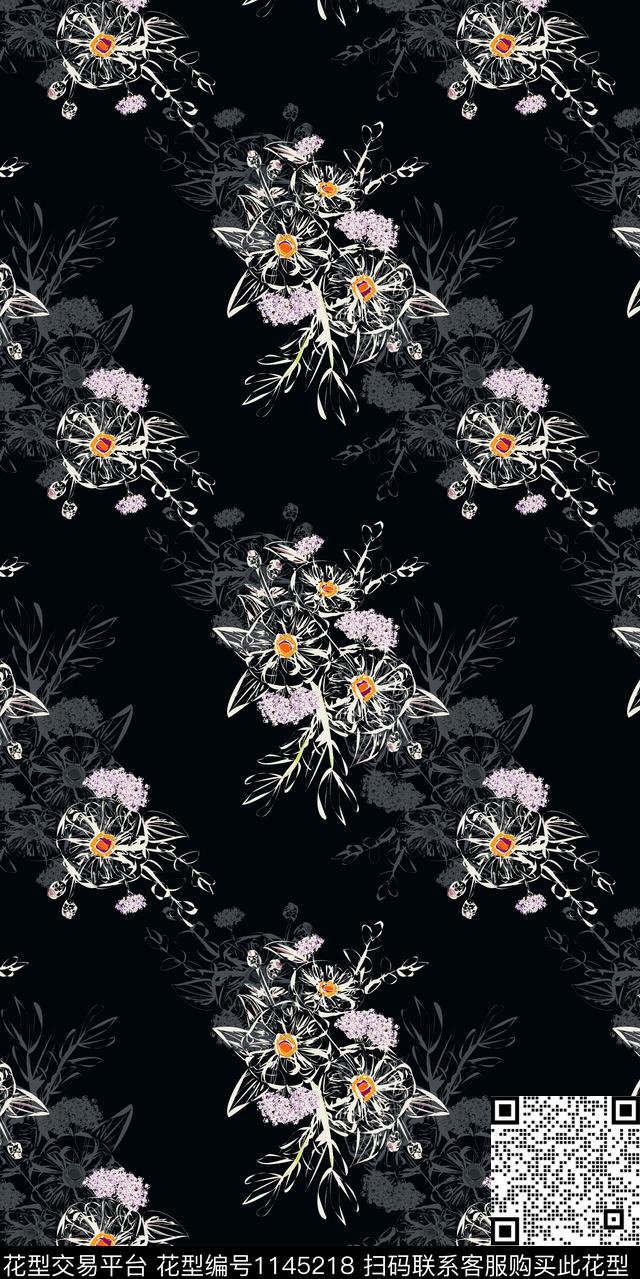 黑底花卉大牌风数码华亿平台数码印花华亿平台下载（图片编号: 1145218） - 瓦栏（Walan）