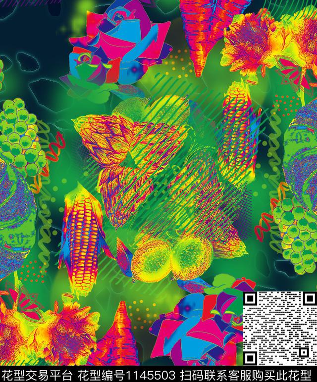 抽象绿植树叶混合拼接数码印花华亿平台下载（图片编号: 1145503） - 瓦栏（Walan）