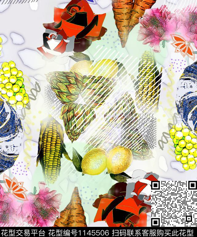 抽象绿植树叶混合拼接数码印花华亿平台下载（图片编号: 1145506） - 瓦栏（Walan）