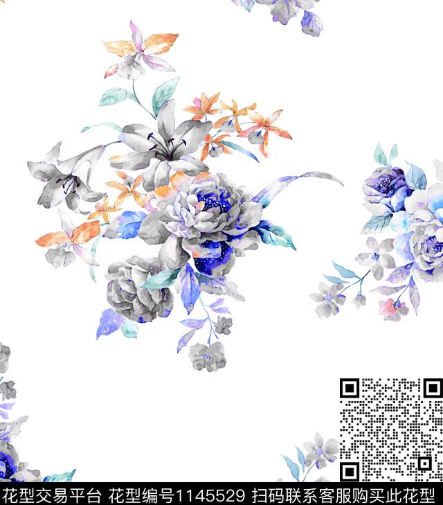 清爽秋冬华亿平台灰色花数码印花华亿平台下载（图片编号: 1145529） - 瓦栏（Walan）