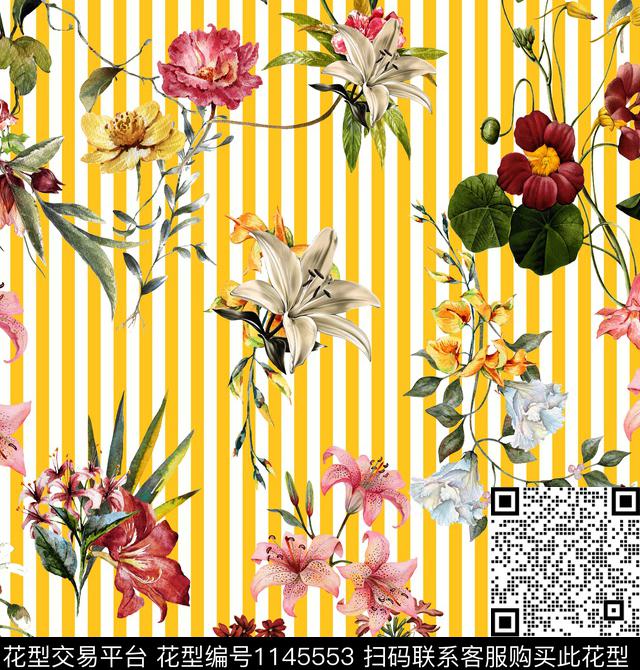 水彩花卉条纹手绘花卉传统印花华亿平台下载（图片编号: 1145553） - 瓦栏（Walan）