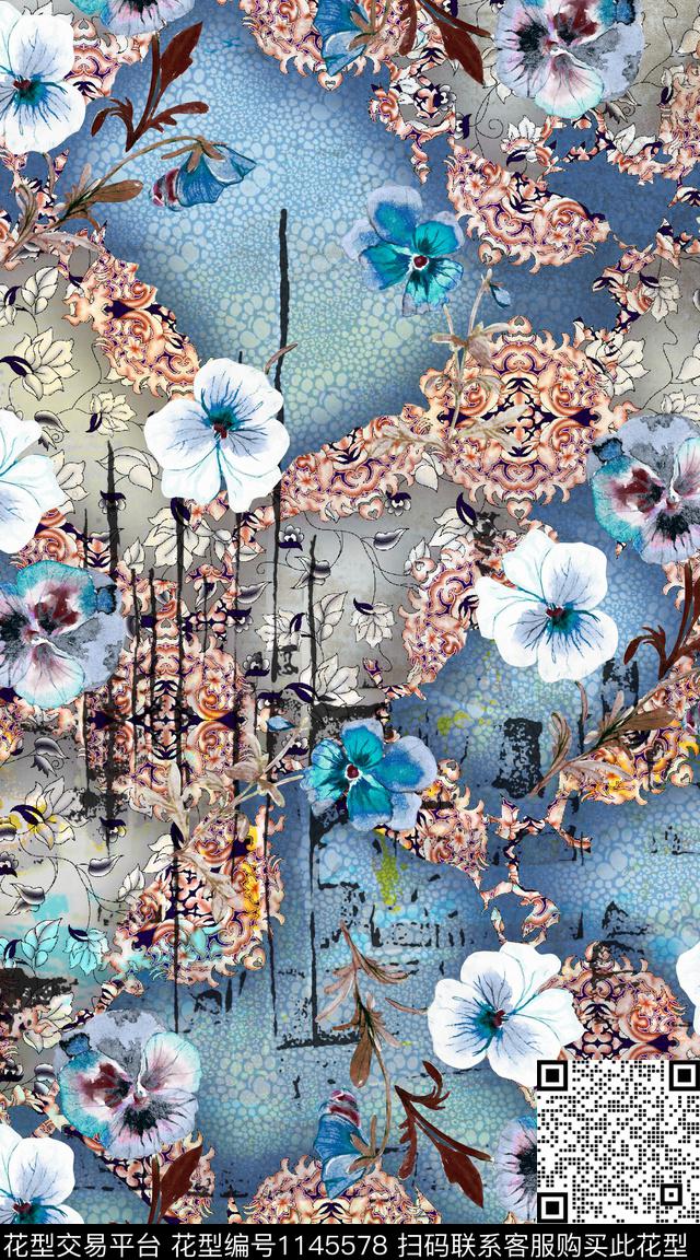 抽象大牌风定位花数码印花华亿平台下载（图片编号: 1145578） - 瓦栏（Walan）