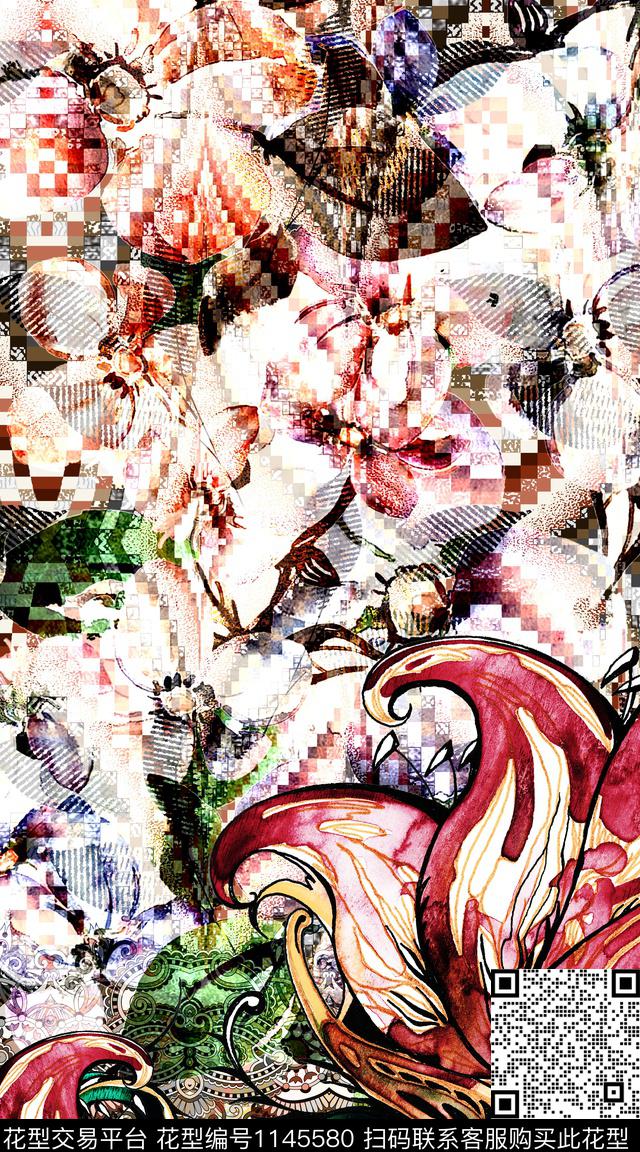 抽象大牌风定位花数码印花华亿平台下载（图片编号: 1145580） - 瓦栏（Walan）