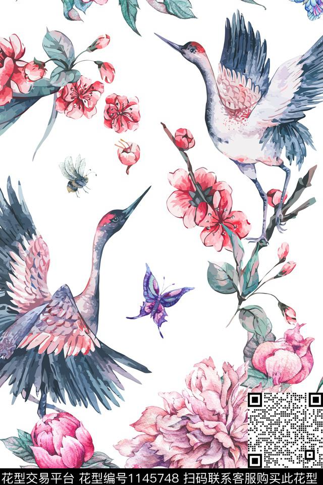 水彩手绘天鹤数码印花华亿平台下载（图片编号: 1145748） - 瓦栏（Walan）
