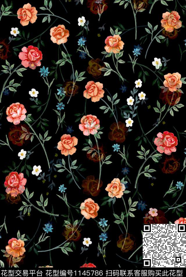 黑底花卉小碎花花卉数码印花华亿平台下载（图片编号: 1145786） - 瓦栏（Walan）