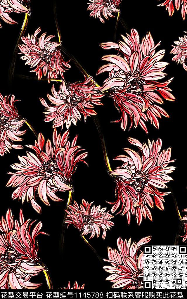 黑底花卉中老年线条花卉数码印花华亿平台下载（图片编号: 1145788） - 瓦栏（Walan）