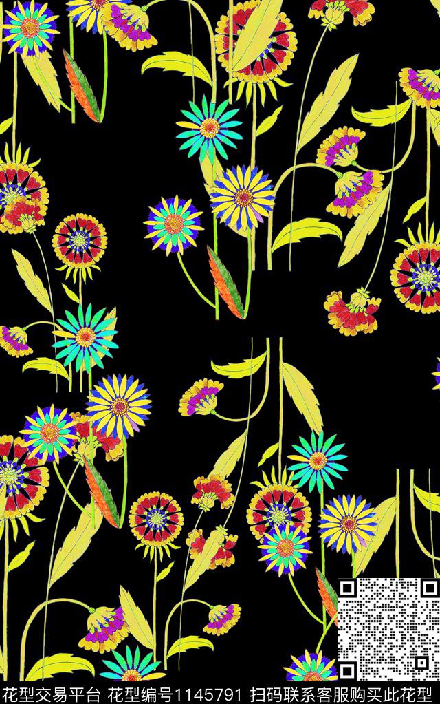 黑底花卉小碎花花卉数码印花华亿平台下载（图片编号: 1145791） - 瓦栏（Walan）