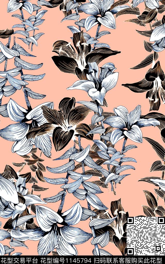 签字笔清爽底花卉线条花卉数码印花华亿平台下载（图片编号: 1145794） - 瓦栏（Walan）