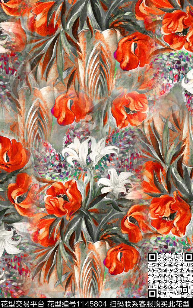 笔触抽象花卉数码印花华亿平台下载（图片编号: 1145804） - 瓦栏（Walan）