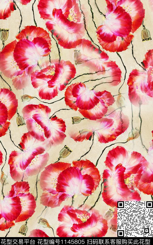 笔触抽象花卉数码印花华亿平台下载（图片编号: 1145805） - 瓦栏（Walan）